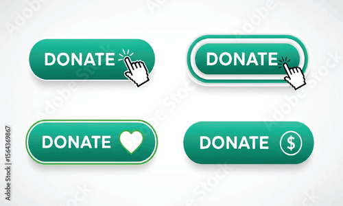 Donate buttons collection with cursor and heart symbol on white background