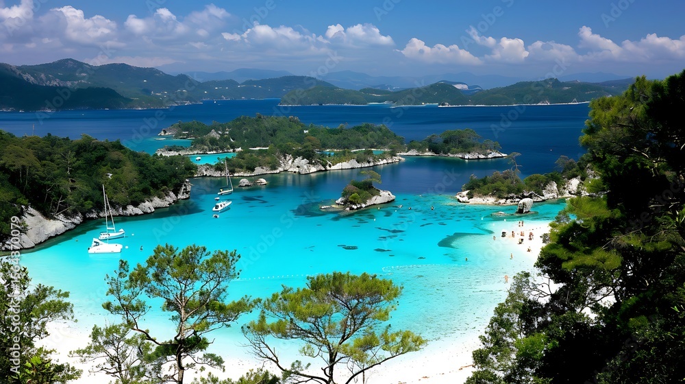 Naklejka premium Captivating turquoise bay view with islands and boats under a vibrant blue sky landscape