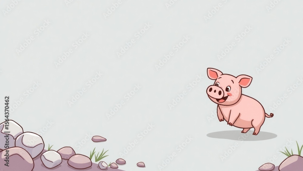 Animated Pink Piglet Leaping Joyfully Near Rocks and Grass Animated Pink Piglet Leaping Joyfully Near Rocks and Grass