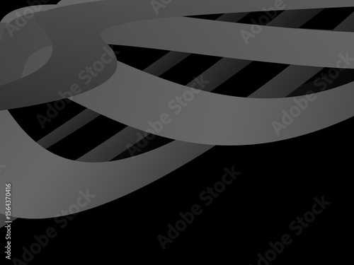 A background of dark gray bands curve and overlap with soft gradients on a deep black background, creating the illusion of depth and abstract movement.