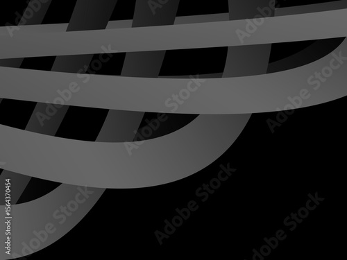 A background of dark gray bands curve and overlap with soft gradients on a deep black background, creating the illusion of depth and abstract movement.