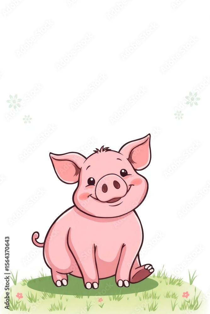 Fototapeta premium Adorable Cartoon Piglet Sitting on Green Grass, Smiling Happily