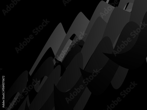 A background of dark gray bands curve and overlap with soft gradients on a deep black background, creating the illusion of depth and abstract movement.