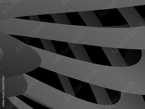 A background of dark gray bands curve and overlap with soft gradients on a deep black background, creating the illusion of depth and abstract movement.