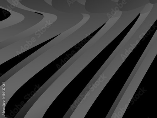A background of dark gray bands curve and overlap with soft gradients on a deep black background, creating the illusion of depth and abstract movement.