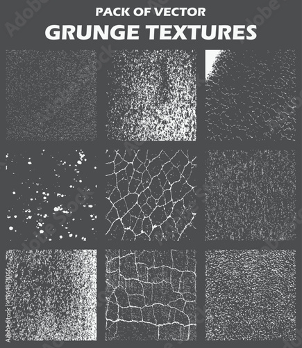 Nine Distinctive Grunge Textures Vector Pack of White on Black
