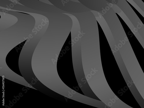 A background of dark gray bands curve and overlap with soft gradients on a deep black background, creating the illusion of depth and abstract movement.