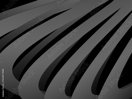 A background of dark gray bands curve and overlap with soft gradients on a deep black background, creating the illusion of depth and abstract movement.