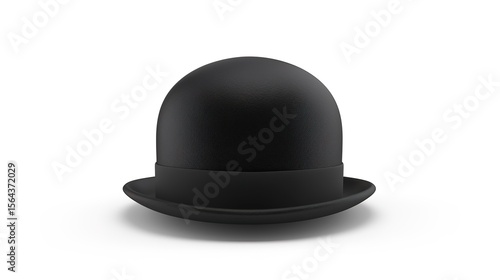 A black bowler hat stands alone on a clean white background, presenting a simple and classic accessory - related scene that showcases the unique shape and dark color of the bowler hat.