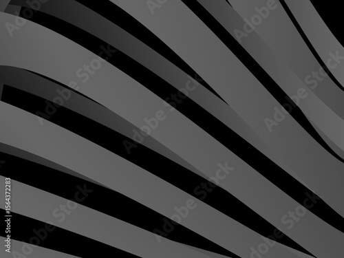 A background of dark gray bands curve and overlap with soft gradients on a deep black background, creating the illusion of depth and abstract movement.