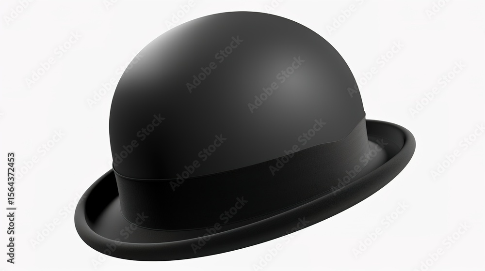 Fototapeta premium A black bowler hat stands alone on a clean white background, presenting a simple and classic accessory - related scene that showcases the unique shape and dark color of the bowler hat.