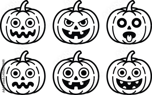 Six Black and White Halloween Pumpkin Faces with Various Expressions
