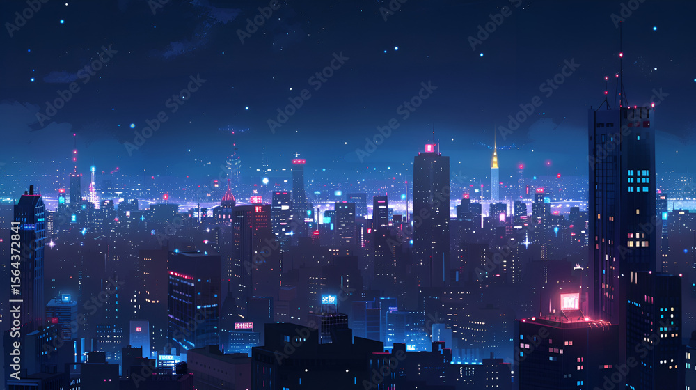 Fototapeta premium Cityscape illuminated with neon lights under a starry night sky with tall buildings and skyscrapers
