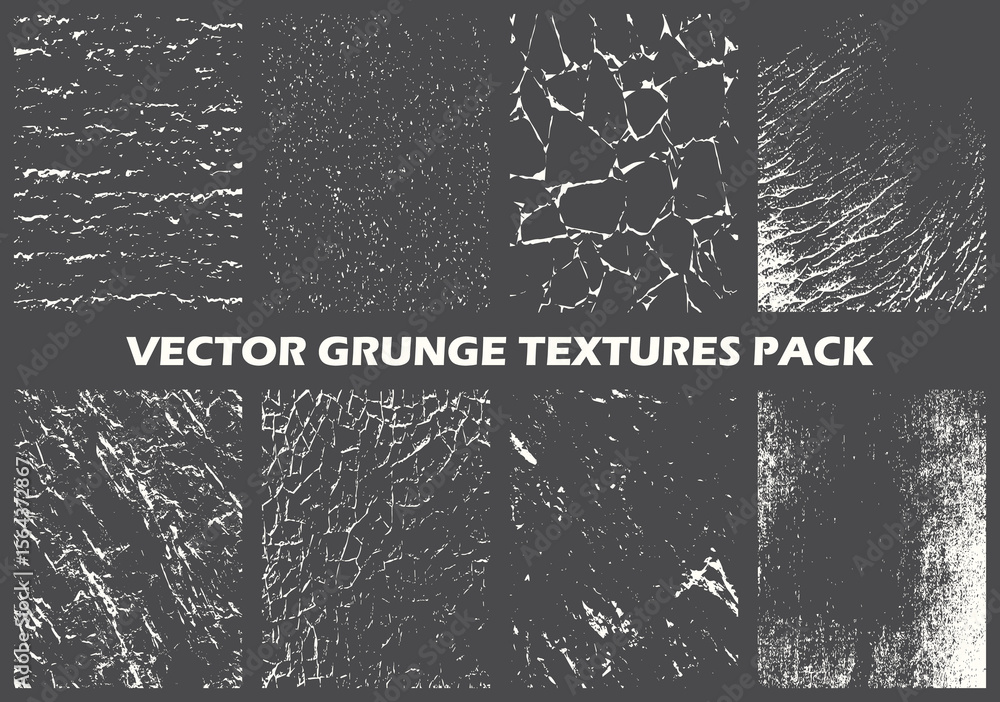 Eight grunge texture samples arranged in two rows on a gray background with text