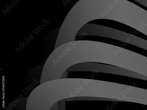 A background of dark gray bands curve and overlap with soft gradients on a deep black background, creating the illusion of depth and abstract movement.