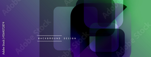 Abstract geometric shapes overlap, creating dynamic gradient effect. Purple, green hues dominate design. Minimalist style.