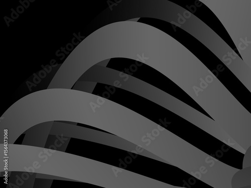A background of dark gray bands curve and overlap with soft gradients on a deep black background, creating the illusion of depth and abstract movement.