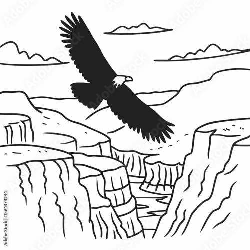 An eagle soars over the grand canyon landscape isolated on white background