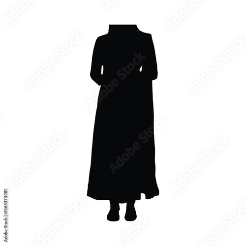 Black silhouette of a long straight-cut salwar suit with a high collar and long sleeves against a white background