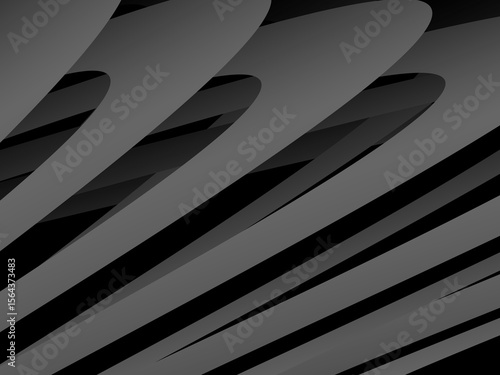 A background of dark gray bands curve and overlap with soft gradients on a deep black background, creating the illusion of depth and abstract movement.