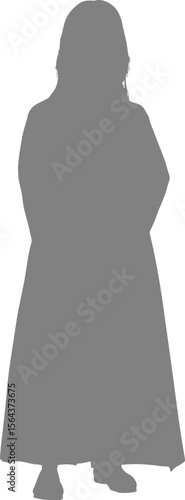 Silhouette of a person wearing an abaya style garment standing against a white background with long hair and feet visible