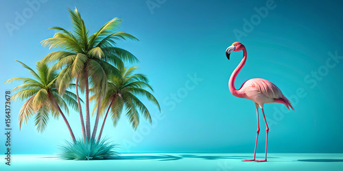A striking pink flamingo stands elegantly next to two palm trees against a vivid blue background. The scene captures a tropical atmosphere full of life and color