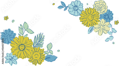 線画のヒマワリフレーム素材。夏のヒマワリ背景。ひまわりと植物の夏フレーム。Line drawing sunflower frame. Summer sunflower background. Summer frame with sunflowers and plants.