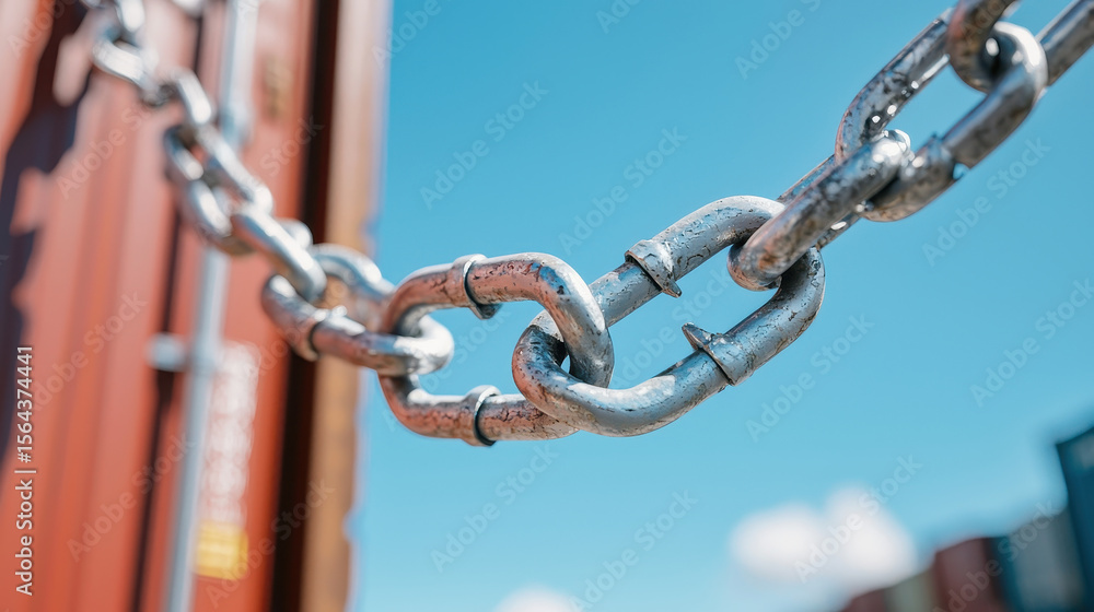 Broken chain blocking shipping container against clear blue sky, symbolizing obstacles and challenges in logistics Broken chain blocking shipping container against clear blue sky, symbolizing obstacles and challenges in logistics