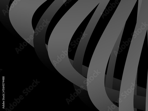 A background of dark gray bands curve and overlap with soft gradients on a deep black background, creating the illusion of depth and abstract movement.