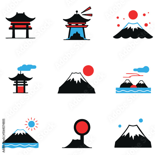 Nine Japanesethemed icons featuring Mount Fuji suitable for travel websites, cultural blogs, educational materials, and tourist brochures. Ideal for Japanrelated design projects
