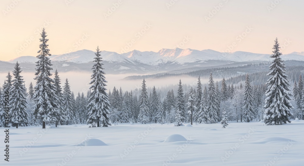 Fototapeta premium Snowy mountain landscape with pine forest