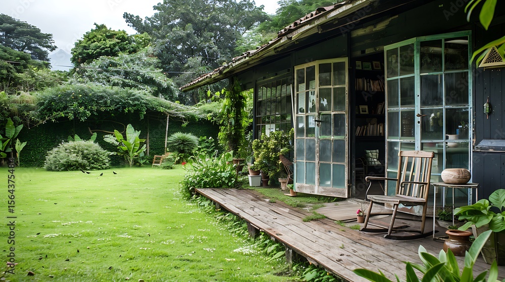 Idyllic retreat in a secluded garden setting with lush greenery and rustic charm Idyllic retreat in a secluded garden setting with lush greenery and rustic charm