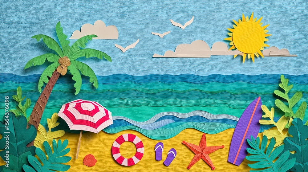 Obraz premium Tropical Beach Summer Scene Paper Craft Design Elements