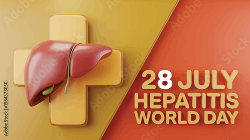 A stylized liver resting on a yellow cross with a world hepatitis day message on a split background