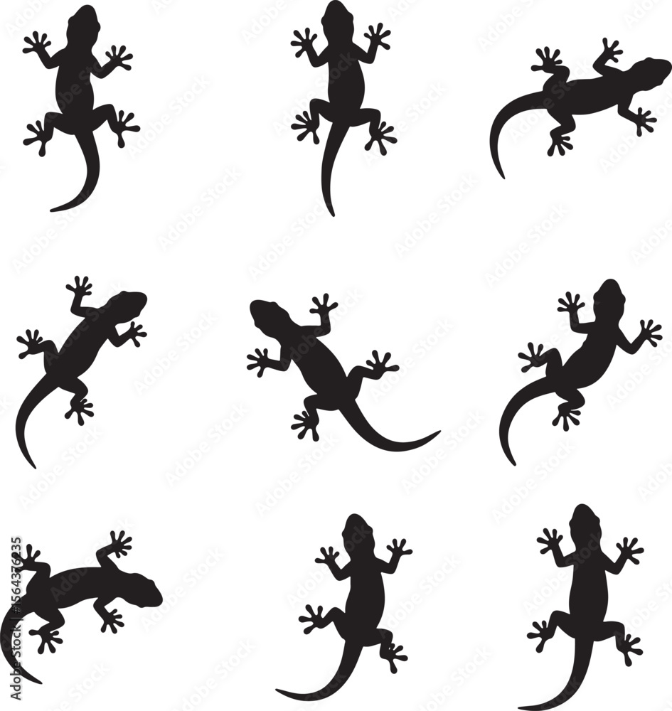 Fototapeta premium Collection of black gecko silhouettes on a white background