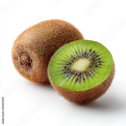 Fresh kiwi fruit, one whole and one sliced, showcasing vibrant green interior and seeds