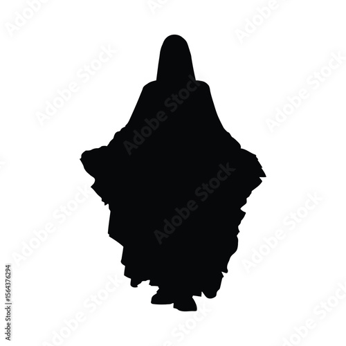 Silhouette of a person wearing a hijab and flowing garment against a white background with visible eyes and mouth