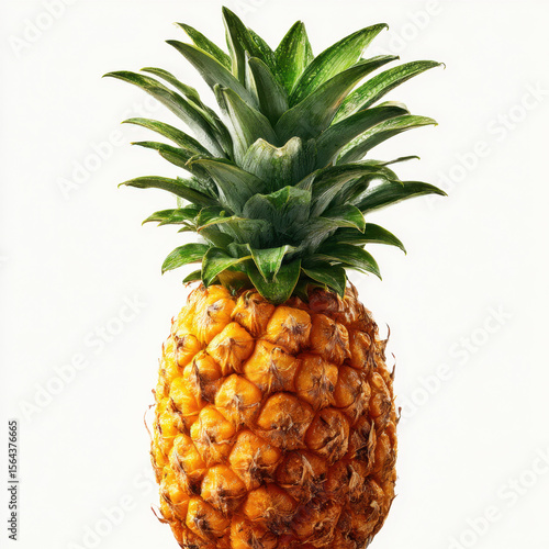 A vibrant pineapple with lush green leaves against a clean white background, showcasing its texture