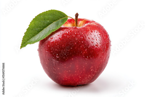 Fresh, glistening red apple with a green leaf, isolated on a white background, perfect for healthy eating