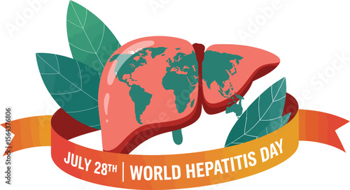 Illustration of a liver with world map on it for world hepatitis day with leaves and ribbon banner