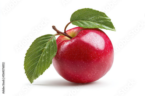 Fresh red apple with green leaves on a white background, ideal for food photography and healthy eating