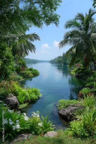 Lush tropical lake vista