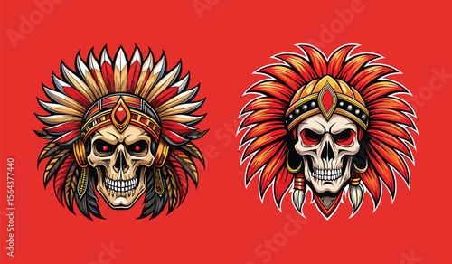 Human Skull with Native American Inspired Feathered War Bonnet Colorful Illustration of Tribal Headdress Art