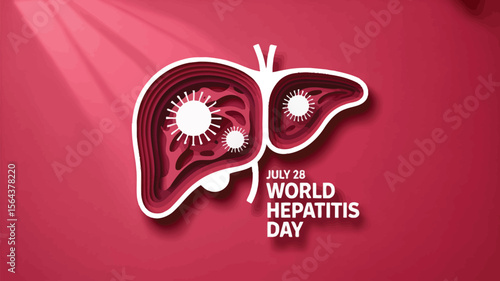 Illustration of a liver with virus icons and world hepatitis day text on a red background with light