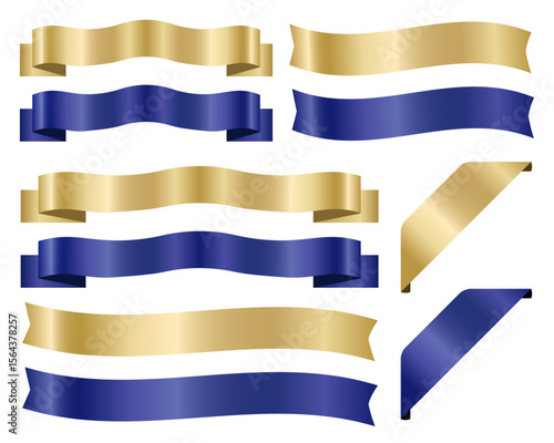 金と青/navyのリボンのセット(あしらい ゴージャス 装飾 飾り バナー素材 LP素材 ベクター 編集可能)