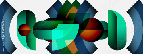Abstract geometric composition. Shapes overlap, creating dynamic visual effect. Colors blend, forming intriguing patterns. Modern design.
