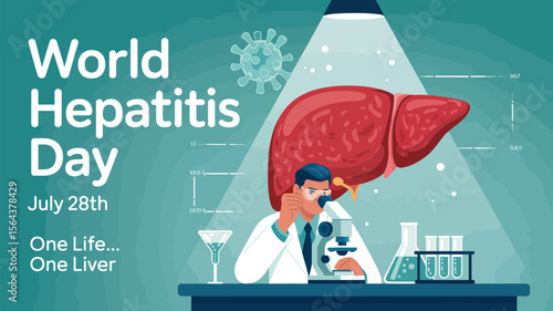 Illustration for world hepatitis day featuring a doctor examining a liver with a microscope
