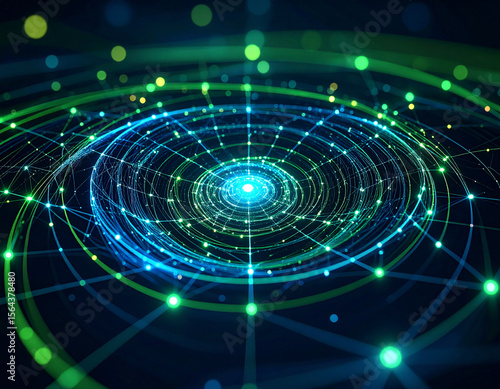 An abstract and futuristic image depicts a dynamic network of glowing green and blue lines interconnected with vibrant yellow and green dots, creating a sense of energy, technology, and intricate conn