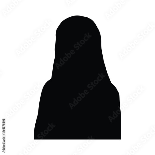Black silhouette of a woman in a head covering and abaya style garment against a white background