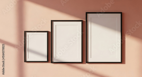 Three blank picture frames in a row on a peach wall with shadows